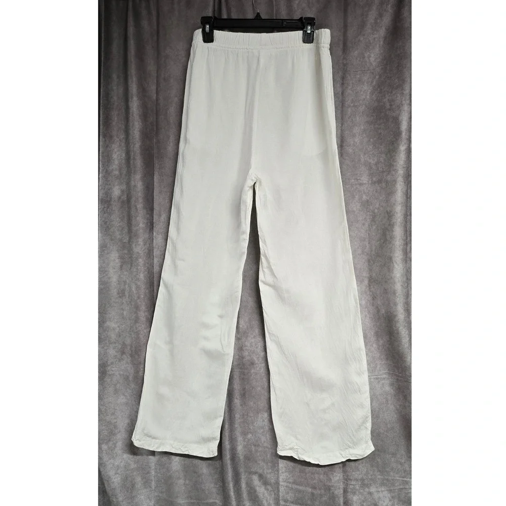 H&M Linen Blend Wide Leg Drawstring Pants Relaxed Trousers White Women's Sz M